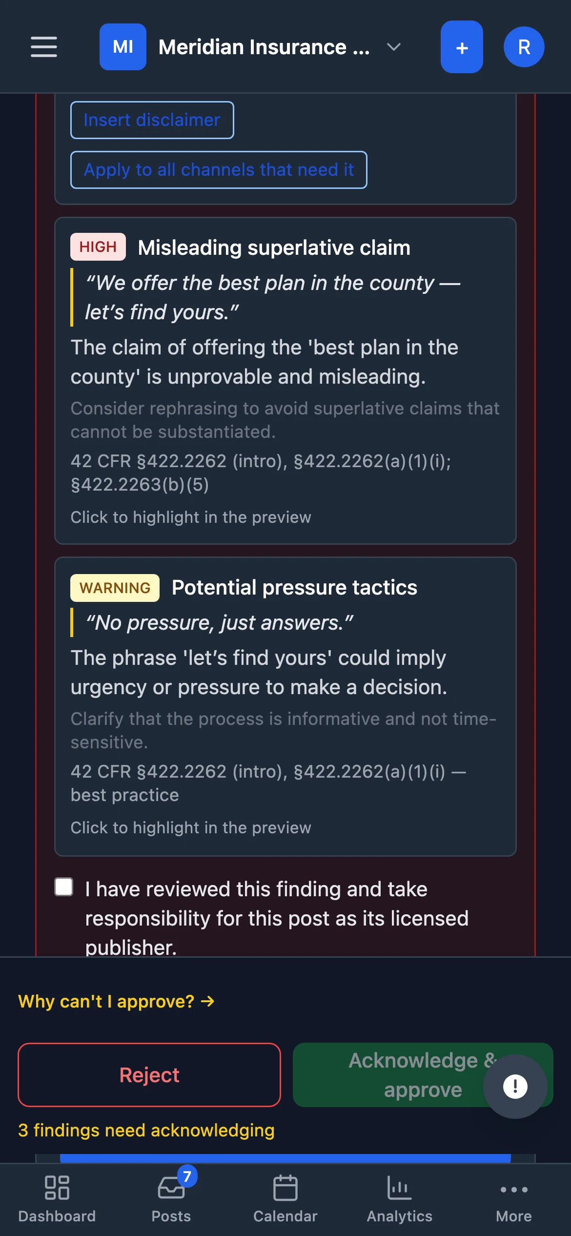 The PostSignOff review on a phone. A finding titled Misleading superlative claim quotes the sentence “We offer the best plan in the county — let’s find yours.” from the draft, and the Acknowledge and approve button stays locked until the finding is acknowledged.