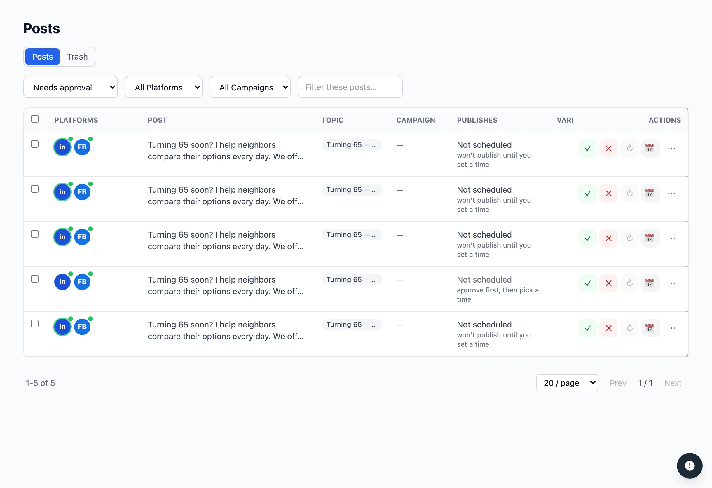 The Posts list: one draft going to LinkedIn and Facebook, marked Needs approval and Not scheduled, with approve, reject, regenerate and schedule actions on the row.