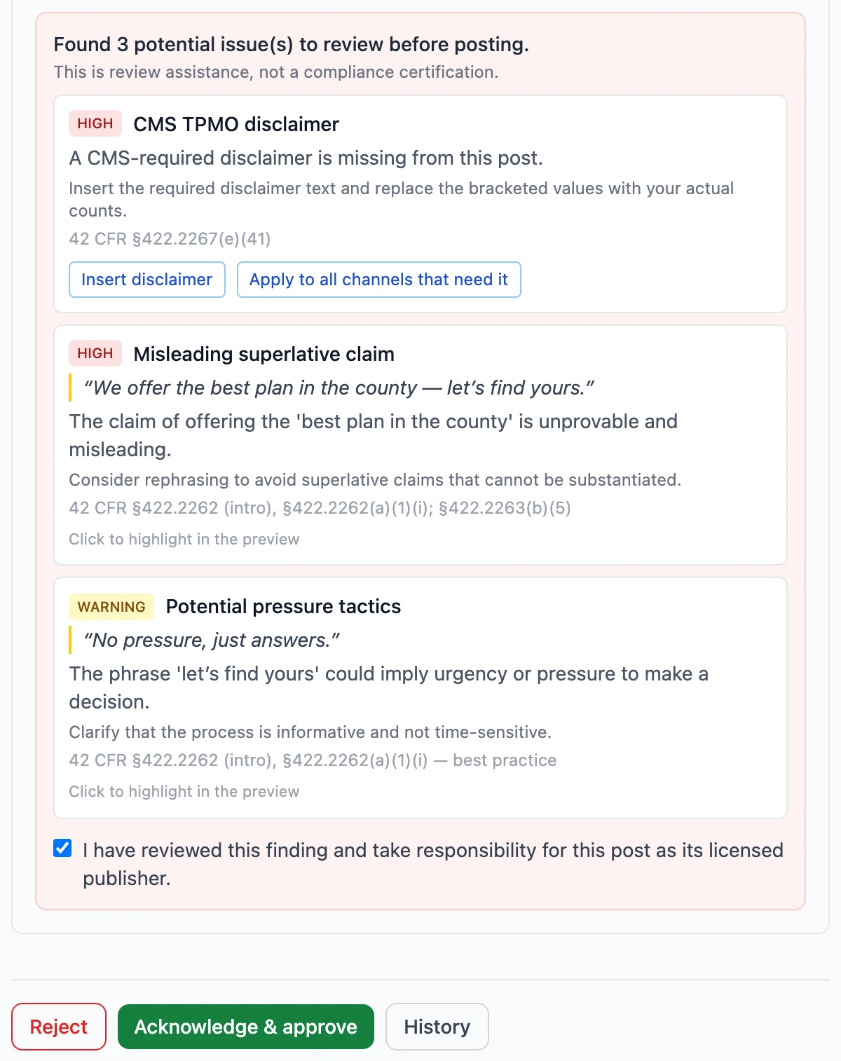 The acknowledgment checkbox ticked beside the attestation “I have reviewed this finding and take responsibility for this post as its licensed publisher.” The Acknowledge and approve button beneath it is now enabled.